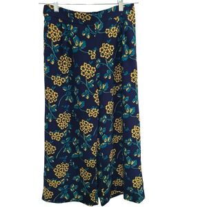 J.Crew Navy Floral Crepe Elastic Waist Capri Size 6 Teal Yellow